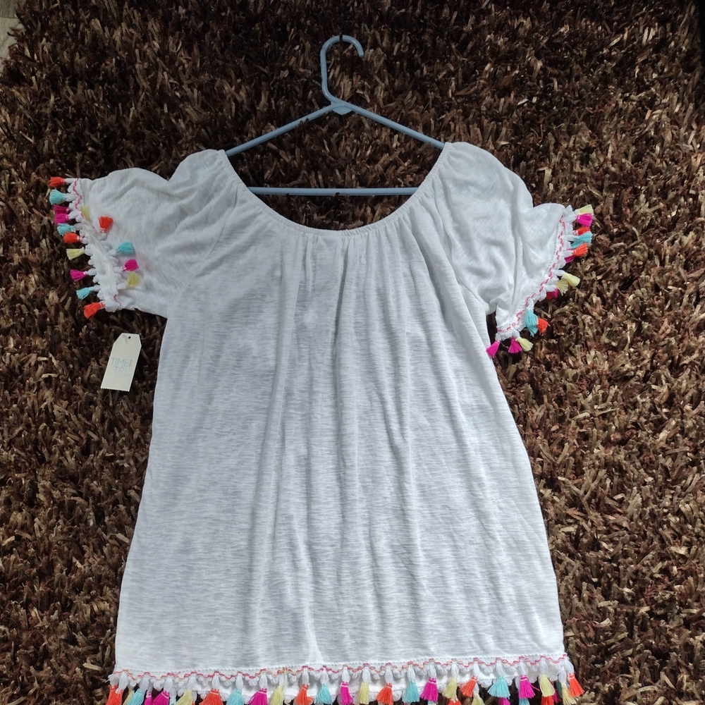 Time and Tru White Blouse with Boho Multicolor Tassels